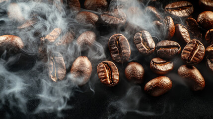 Close-up of roasted coffee beans with smoke on a black background.