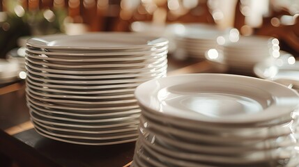 Closeup clean plates stack on a table ready for use