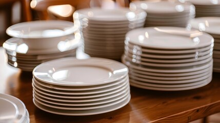 Closeup clean plates stack on a table ready for use