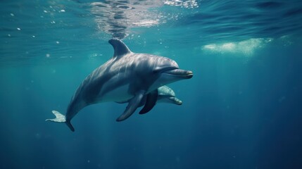 Naklejka premium Two Dolphins Swimming Underwater