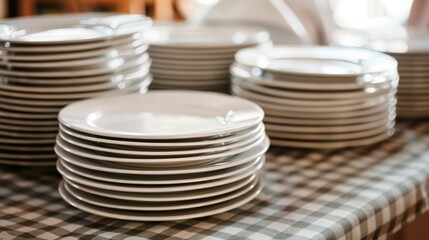Closeup clean plates stack on a table ready for use