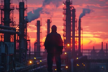 A Worker Overlooks an Industrial Landscape at Sunset