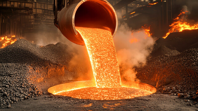 Hot molten iron cascades from ladles as sparks fly in the air, showcasing the intense energy of steel production in a dynamic ironworks environment