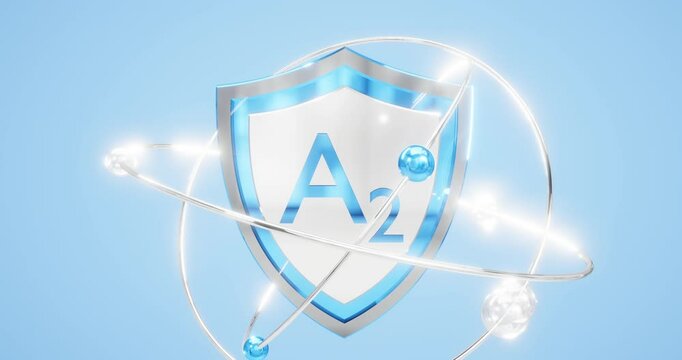 symbol of vitamin a2 located on a shield with electrons and spinning orbits around, 3d rendering on blue background, nutritional supplement, vitamins and minerals
