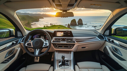 Luxurious and adventurous: a modern car interior with a stunning ocean sunset view from the driver's seat