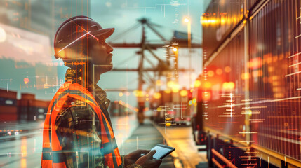A logistics worker analyzes data on a tablet while overseeing operations at a bustling container yard, illuminated by digital overlays