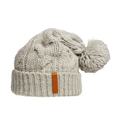 Gray knitted hat on a white background, a stylish and warm accessory for cold weather, suitable for any wardrobe