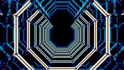 Ice color background with flying inside neon blue tunnel. Design. Corridor of hexagon silhouettes.