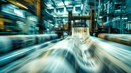 Newspaper rolls and printed pages swiftly move through the printing press, capturing the dynamic essence of industrial manufacturing