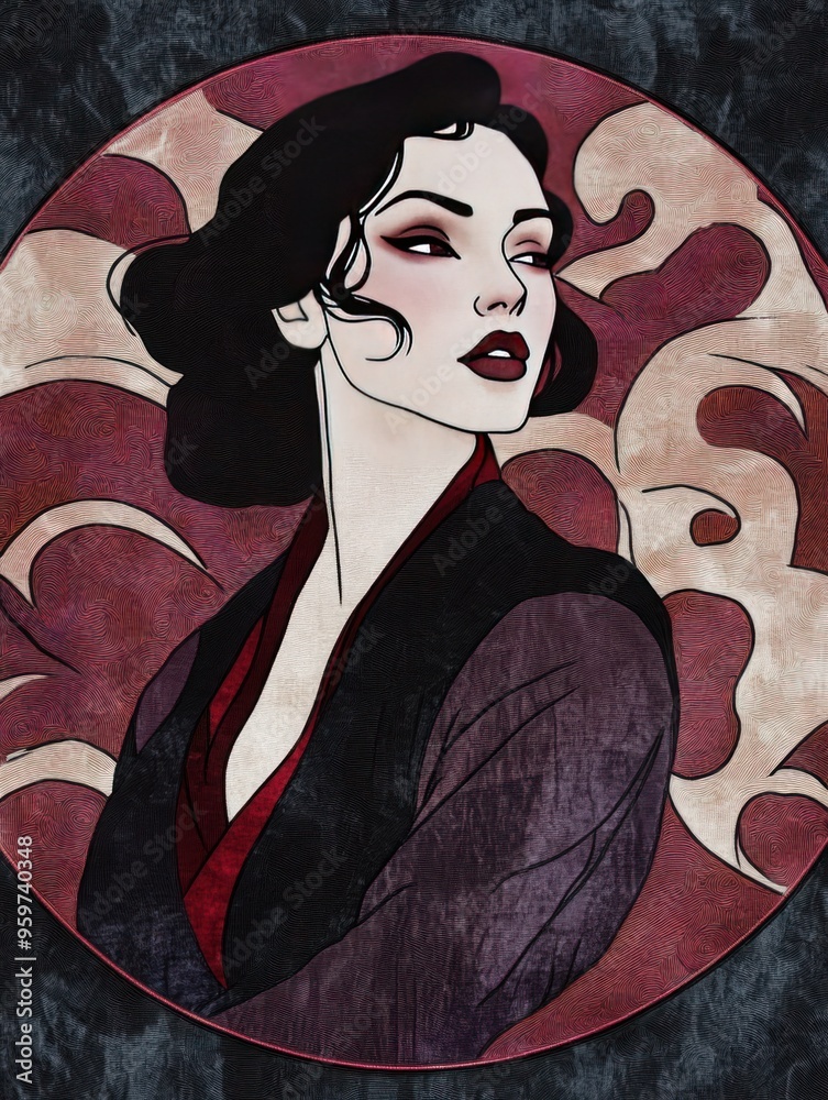 Canvas Prints A woman with dark hair and red lipstick in a purple and red kimono, framed by a swirling design in a circular border.