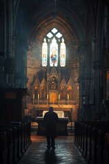 Fototapeta premium Elderly man praying in church with stained glass windows and sunlight streaming in, seen from behind