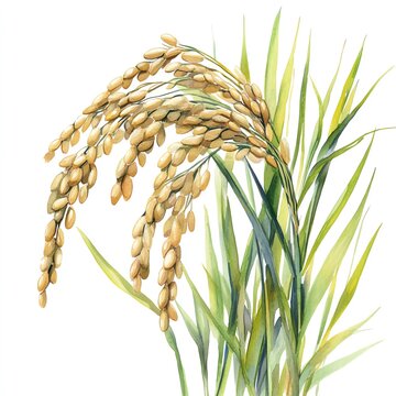 a rice plant with grains, agricultural element, realistic watercolor painting, green and golden tones, isolated on white background