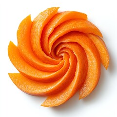 a sliced carrot forming a spiral, artistic presentation, bright orange, isolated on white background