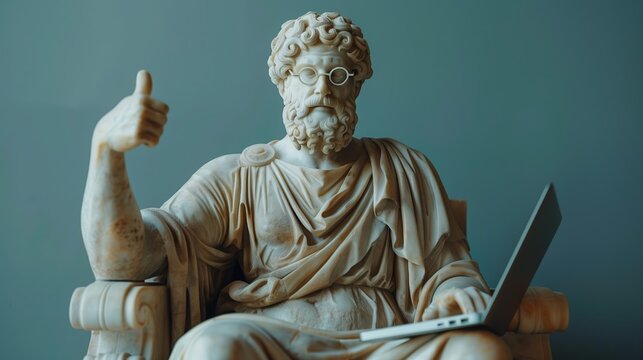 Statue of ancient greek philosopher wearing glasses and using laptop computer while giving thumbs up