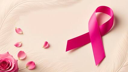 Breast Cancer Awareness Month. Pink ribbon, rose, few scattered pink petals. Generative AI