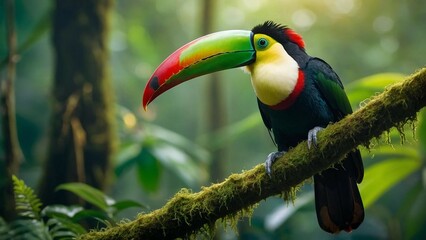 Obraz premium Toucan, sits on moss-covered branch in dense, lush rainforest. Generative AI