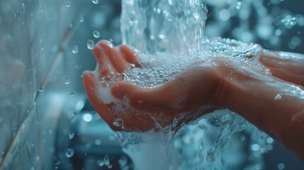 Hands being washed with soap under running water in a bright bathroom, emphasizing hygiene and health. Close-up with copy space for health-related messages