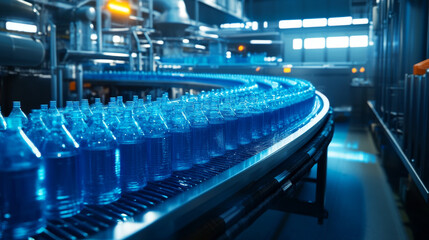 Conveyor belt with juice bottles in a blue-toned beverage factory.
