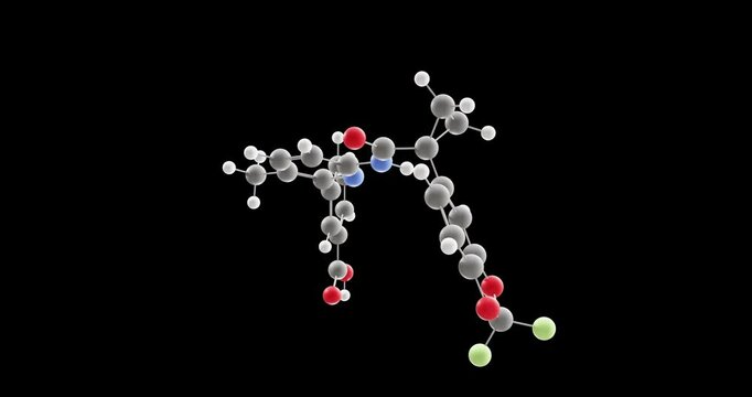 Lumacaftor molecule, rotating 3D model of vx-809, looped video on a black background