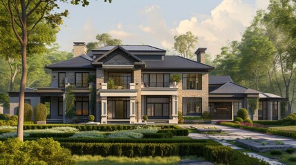 Obraz premium A stunning, large mansion stands proudly amidst a beautifully manicured garden. The architectural elegance is highlighted by natural daylight, showcasing the intricate details of this luxurious estate