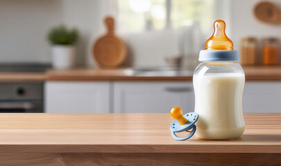 A baby milk bottle and pacifier on wooden table,
