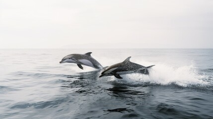 Fototapeta premium Two Dolphins Leaping Through Ocean Waves
