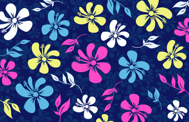 Hibiscus flowers Pattern. Hawaiian Seamless Pattern. Tropical flowers and Leaves. Hawaiian Aloha Shirt. Design for fabric, textile, wallpaper, clothing. floral background. vector illustration © Alano Design