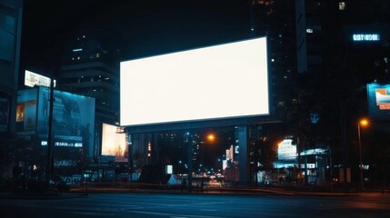 White Blank Empty Mock Up Billboard at Night Set Against an Urban Landscape Enhanced by City Lights