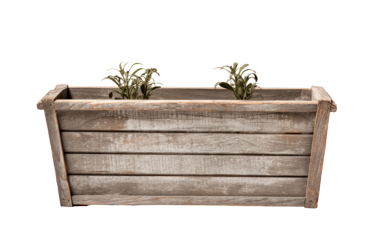 A rustic wooden slat planter with a distressed finish, perfect for farmhouse or cottage style