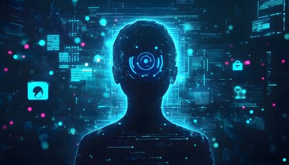 Digital Human Silhouette with Glowing Data and Security Symbols