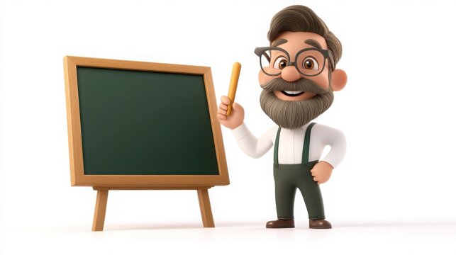 A 3D cartoon teacher character at a chalkboard, holding a piece of chalk and smiling warmly, on a white background