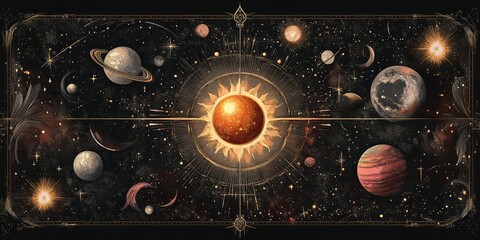 Mystical Zodiac Poster with Golden Sun and Zodiac Symbols
