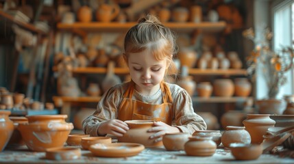 Focused young girl in an apron creating pottery in a workshop amidst a backdrop of clay pots