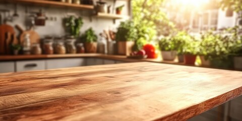 Empty wooden kitchen countertop in a bright cozy kitchen with natural light streaming through the window and blurred background of kitchen utensils and potted plants, perfect for showcasing food produ