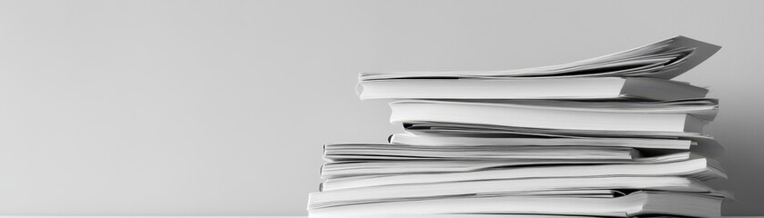 Stack of White Papers on a Desk Against a Minimalist White Background in an Office Setting