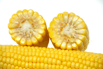 Close-up image of fresh corn cobs arranged on a white background