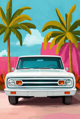 Pop art style image of a classic white car with palm trees and vibrant pink background under a bright sky.