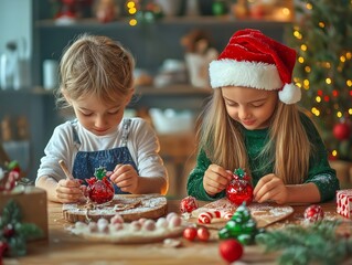 Children making homemade Christmas ornaments at a kitchen table, crafting fun