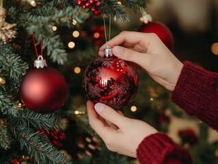 Close-up of hands decorating tree for christmas