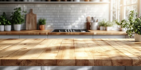 Empty wooden kitchen countertop in a bright cozy kitchen with natural light streaming through the window and blurred background of kitchen utensils and potted plants, perfect for showcasing food produ
