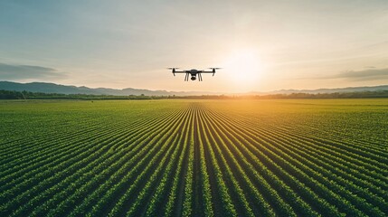 drone flying over agricultural field at sunset