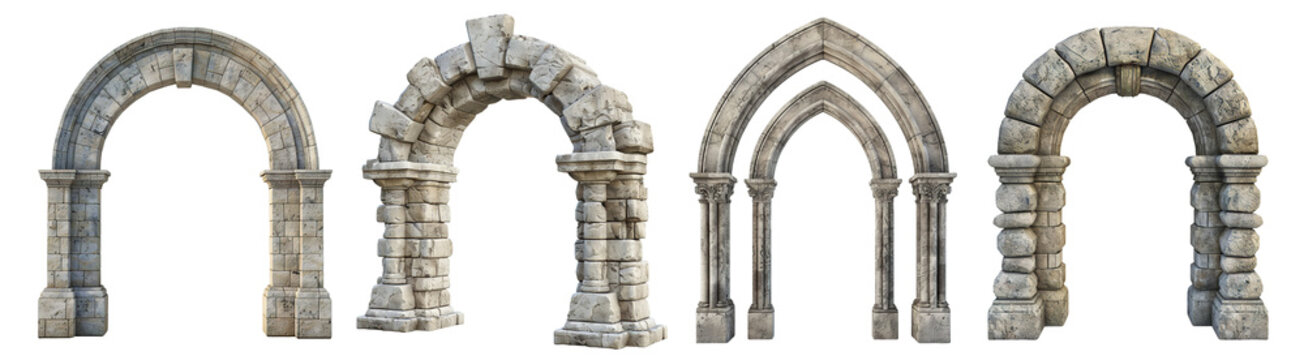 Set of ancient stone archways with weathered stones, cut out
