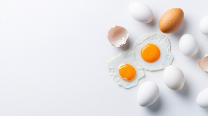 Fresh eggs and fried eggs on a white background