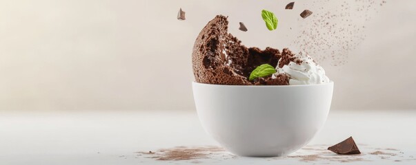 A 3D illustration of an indulgent chocolate soufflé dessert, broken open to reveal its rich