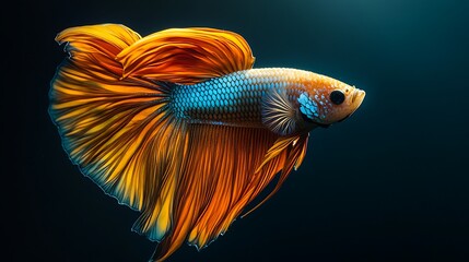 Fototapeta premium Majestic Betta Fish with Vibrant Fins Swimming in Spotlight on Black Background