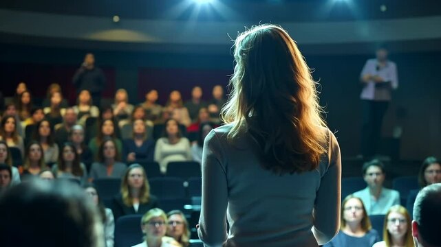A woman stands in front of a crowd of people, giving a speech. The audience is attentive and engaged, listening to her words. The atmosphere is serious and focused