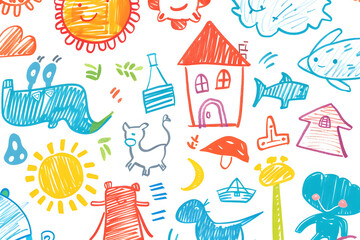 Naklejka premium カラフルな子供向け手描きイラスト：動物、太陽、家のコレクション