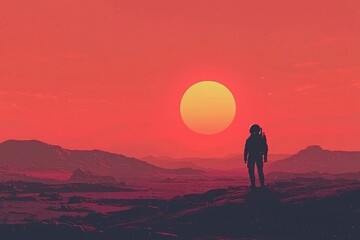 Obraz premium Astronaut Standing on a Martian Landscape with a Large Sun in the Sky