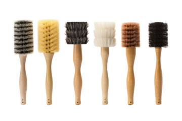 A row of different types of cleaning brushes, including a bottle brush, a grout brush, and a toilet bowl brush, isolated on a white background