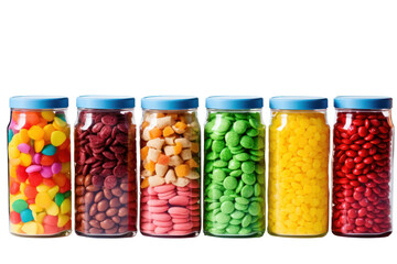 A row of colorful plastic food storage containers filled with various snacks, creating a rainbow effect, isolated on white background